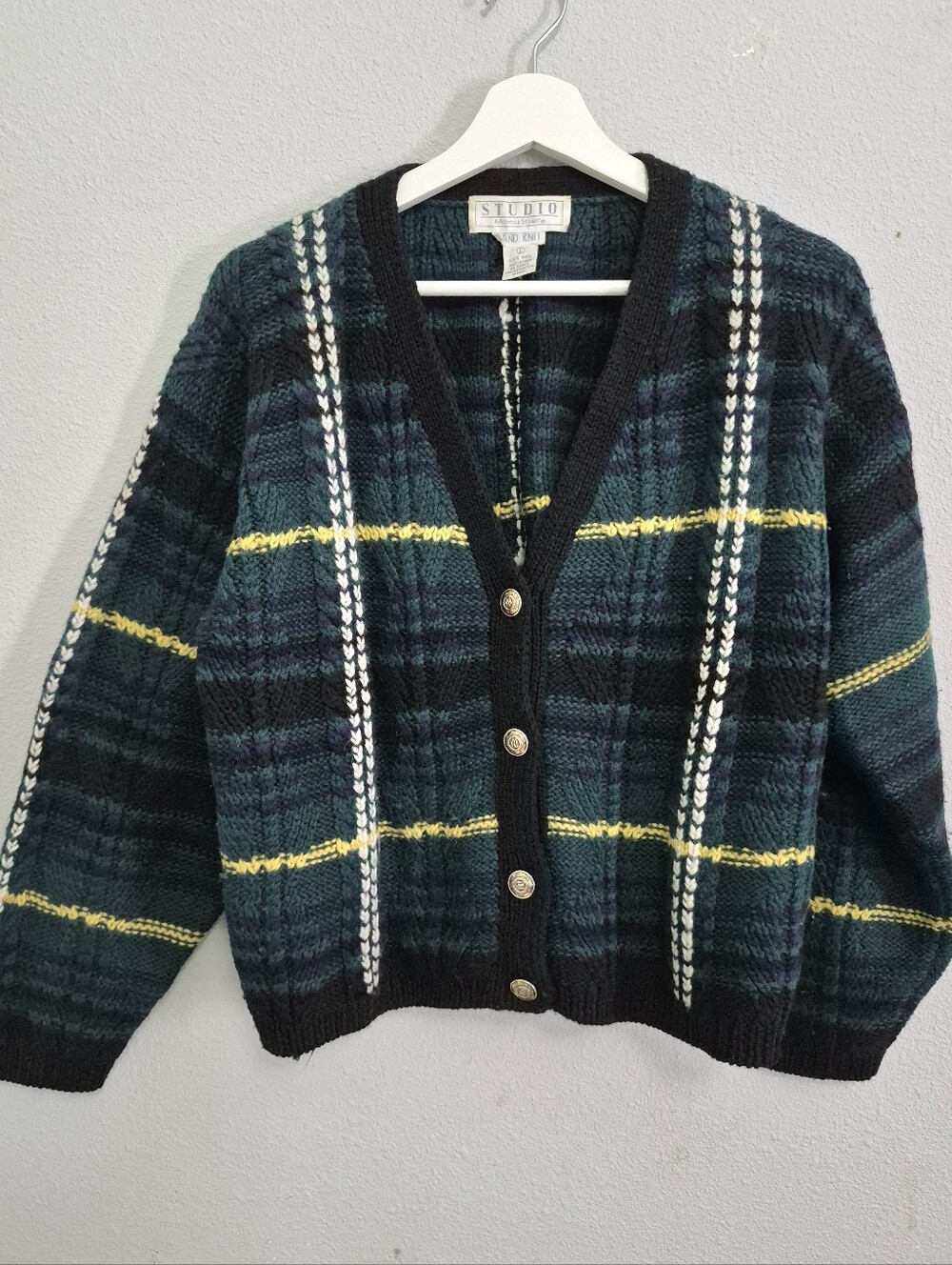 Studio Michelle Stuart Hand Knit Chunky Wool Plaid Cardigan Sweater L Academia